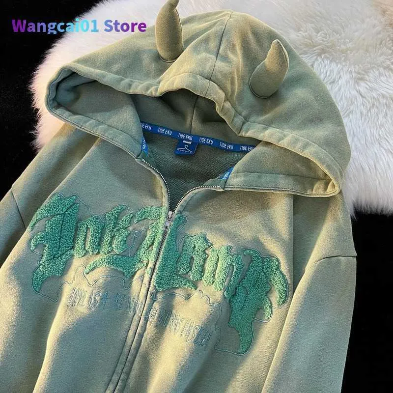 Mens Zipper Oversized Hoodie Women With Horn T Spot Broidery Mens Zipper Oversized Hoodie Women With Horn T Spot Broidery