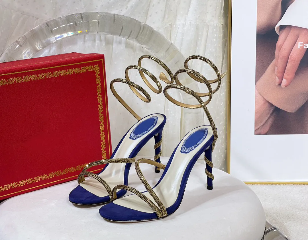 Fashion Rene Caovilla Sandals Margot Crystal Blue-Gold Sandal 105 High Heel обувь