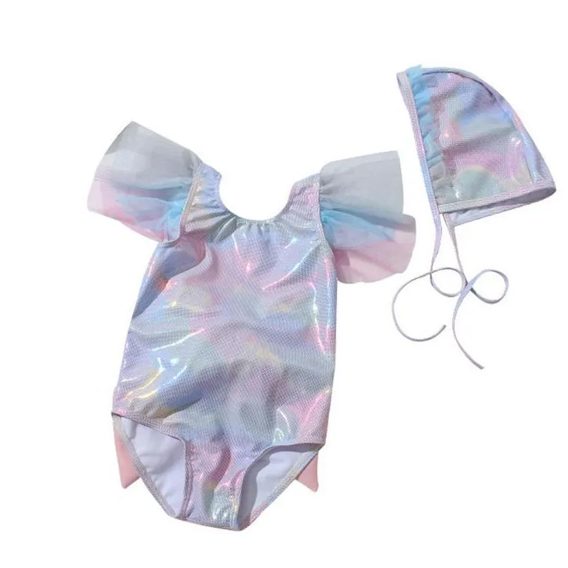 One-Pieces Summer Toddler Infant Baby Girls Sleevless Sequin Ruffle Bowknot Swimsuit Bodysuit Swimwear Hat Set Bathing Suit Beachwea Dhzmq