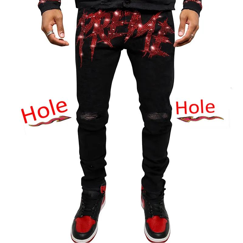 Jeans pour hommes Street Sexy Hole Pantalon Drill Ripped Skinny Pantalon Slim Biker Outwears Hommes Black Denim Pencil 230216