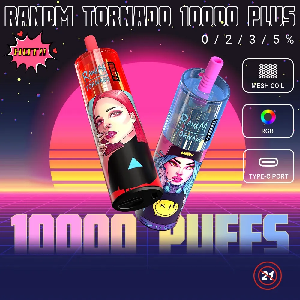 Original RandM Tornado 10000 plus Puffs Disposable Vape Pen Electronic Cigarettes 20ml Pod Mesh Coil RGB light Rechargeable Air-adjustable 2% 5% Device Vaporizer 10k