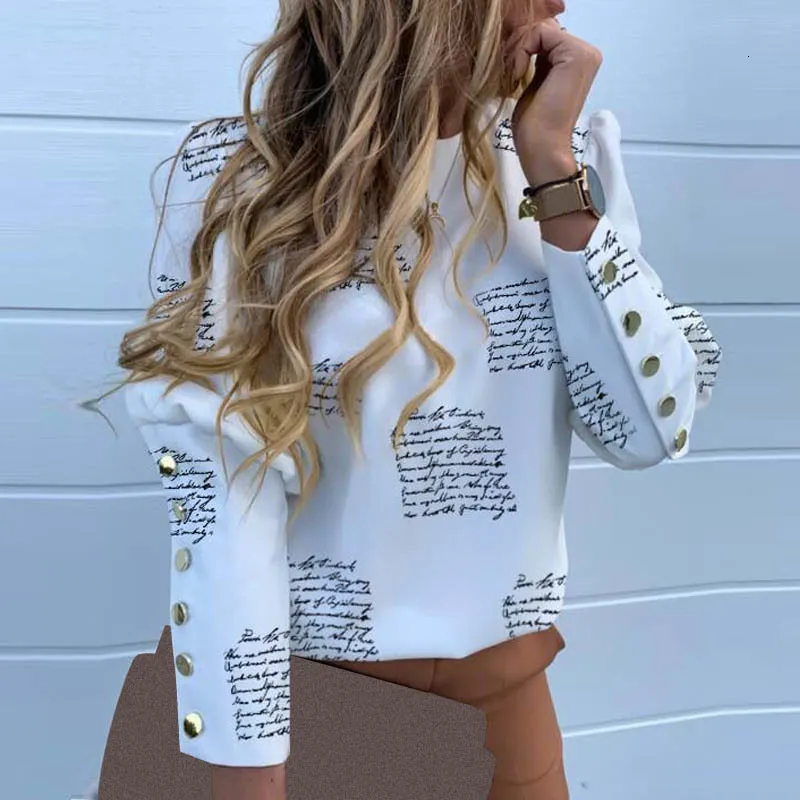 Women's Blouses Shirts Elegant Puff Shoulder Office Ladies Spring Metal Buttoned Detail Women Pineapple Print Long Sleeve Top 230217