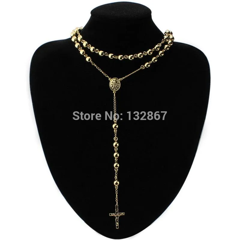 Pendentif Colliers 8mm Hommes Femmes Heavy Gold Acier inoxydable Jésus Croix Rosaire Collier 30 '' 5.5 ''