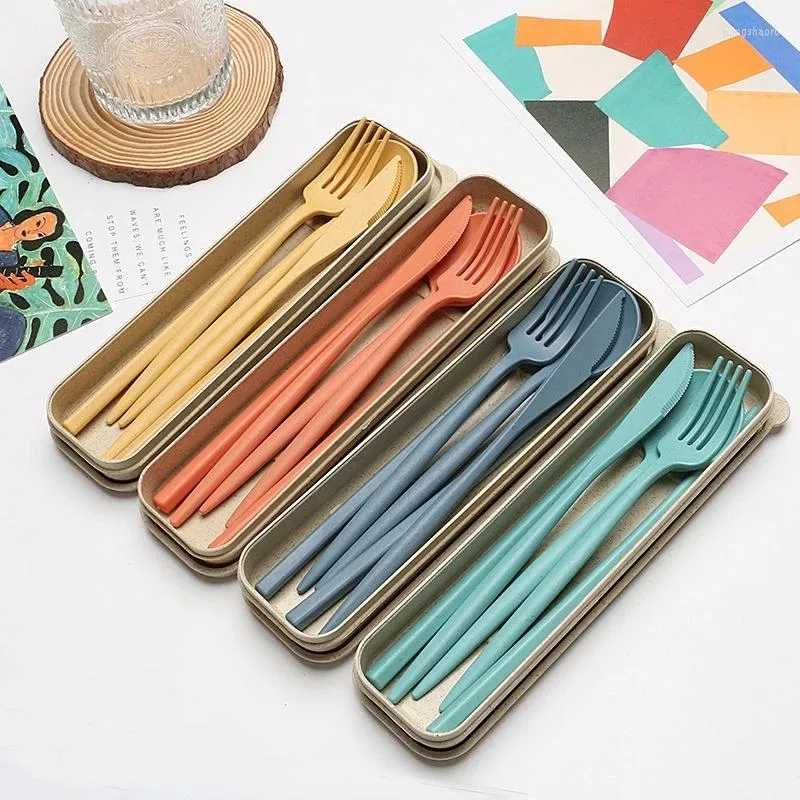 Dinnerware Sets 4Pcs/Set Travel Portable Cutlery Box Japan Style Wheat Straw Knife Fork Spoon Chopsticks Student Set Kitchen Tablewar