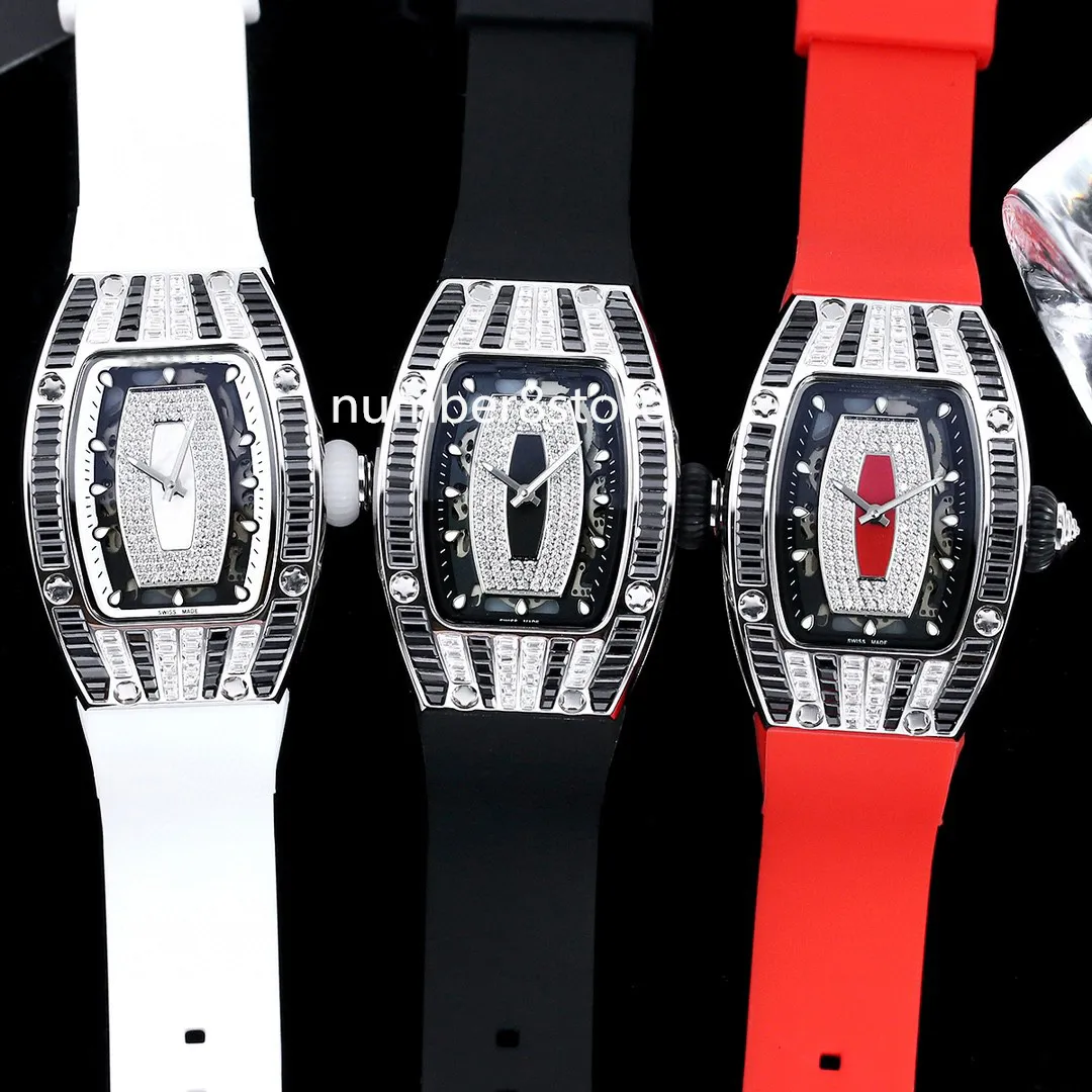 Tonneau 007 Diamond Автоматические женские часы с черными и белыми бриллиантами Женские часы с сапфировым стеклом Роскошные наручные часы Водостойкий резиновый ремешок