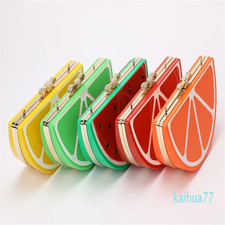 Designed Watermelon Shape Acrylic Lemon Evening Bags Plastic Clutch Party Fruit Crystal Bow Handbag Diamond Women Messenger Purse 256W