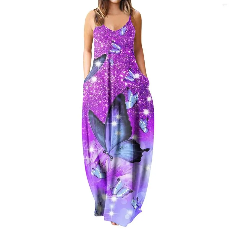 Casual Dresses Butterfly Print Summer Maxi Dress 2023 Female Vintage Clothes Women's Retro Party Slip Elegant Boho Robe Basic