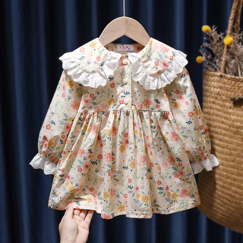 Robes de filles mignon bébé robe de princesse florale printemps automne Style coréen à manches longues col claudine enfants fille 16Y 230217