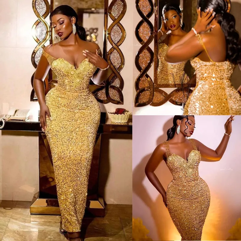 2023 Gold Prom -klänningar Full paljetter Spaghetti Straps Mermaid Long Evening Gowns Plus Size Custom Made Pageant Dress 328 328