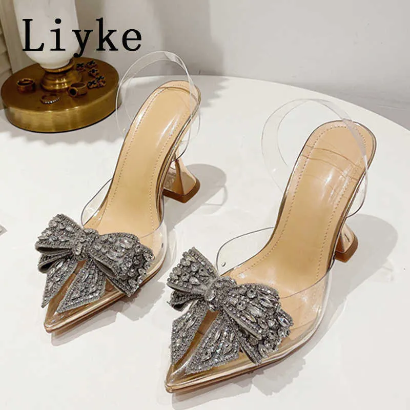 Scarpe eleganti Liyke Eleganti scarpe da sposa per feste da donna Fashion Crystal Butterfly Tacchi alti Sexy scarpe a punta in PVC trasparente Pompe Sandali Lady L230216