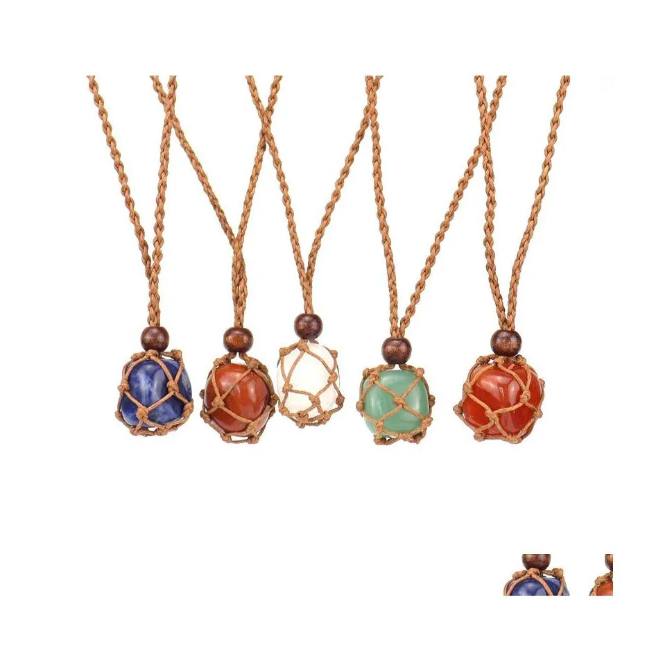 Pendant Necklaces Healing Crystal Natural Stone Weave Net Bag Charms Green Pink Opal Rope Chain Wholesale Christmas J Sexyhanz Drop Dh8Av