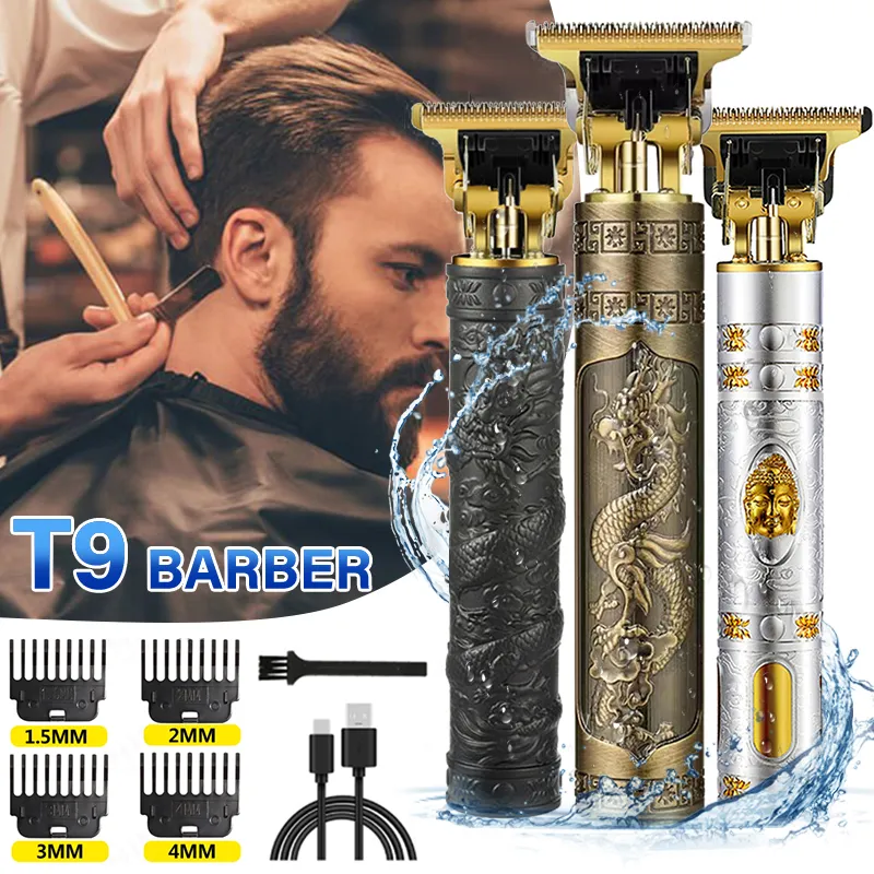 Hårtrimmer T9 USB Electric Trimmers Recargable Mens Shaver Gravering Trace Push Barber For Men Professional Beard Clipper 230217