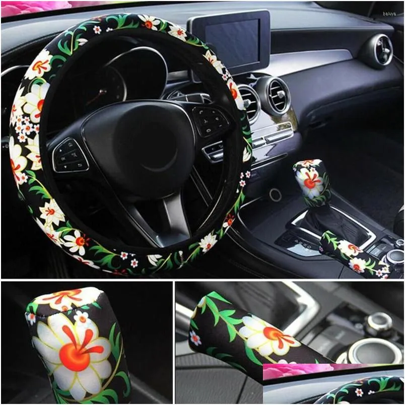 Car Dvr Steering Wheel Covers Ers 3Pcs Set Unique Flower Car Er Handbrake Sleeve Gearshift Interior Accessories Drop Delivery Mobiles Dhntu