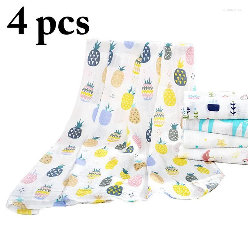 Filtar 4st Cartoon Printing Bath Handduk Baby Swaddle Cotton Muslin Wrap Nursery Filt för Borns Home Supplies