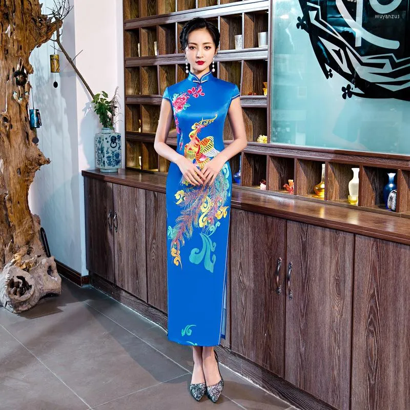 エスニック服ブループラスサイズ4xl 5xl女性エレガントなドレス中国のチョンサムロングサテンドレスデイリーフラワーQIPAO