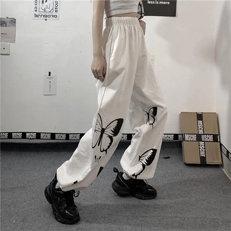 Pantalon femme Capris coréen Ins blanc pantalon à poutres ample papillon droit jambe large taille haute étudiant Harajuku décontracté Pan