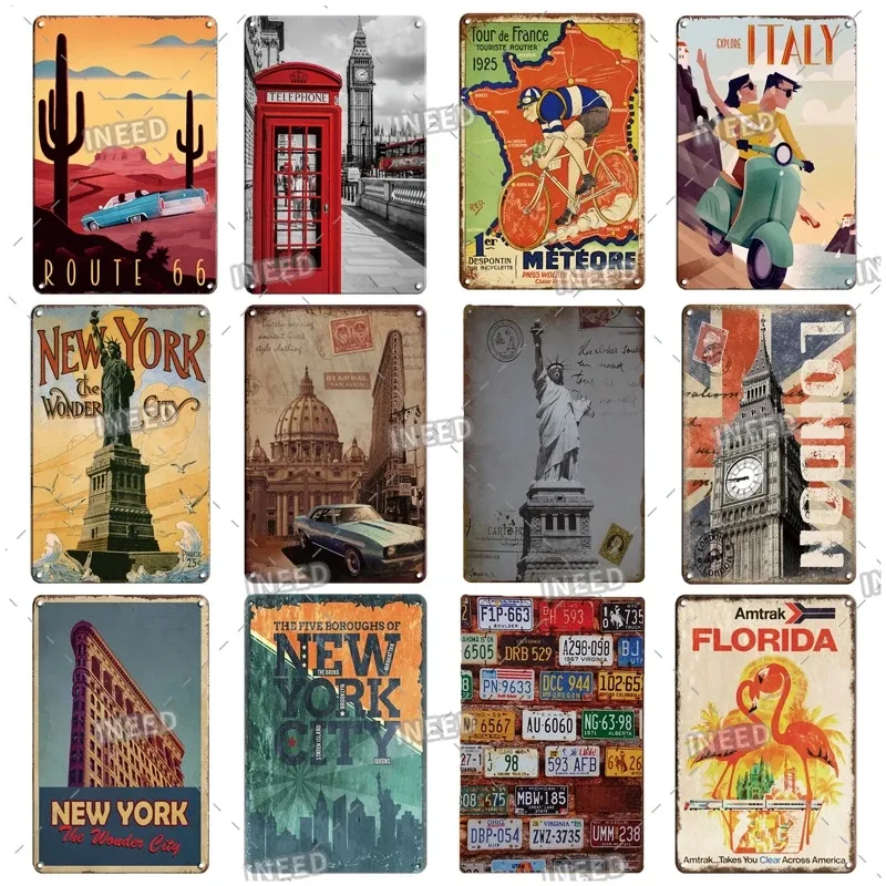 Dekor Vintage Stadt Landschaft Kunst Metall Zinn Zeichen New York London Italien Metall Malerei Retro Poster Reise Landschaft Wand personalisierte Aufkleber Größe 30X20CM w02