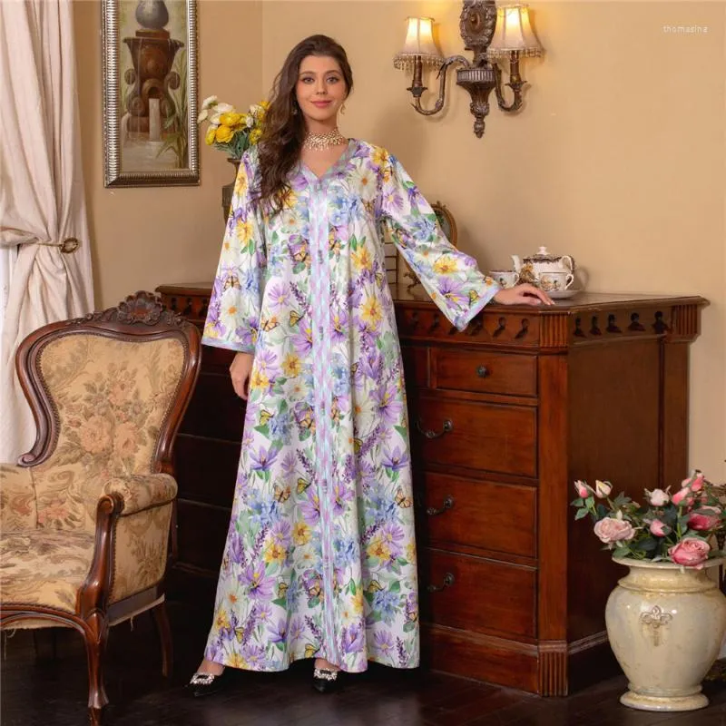 Vêtements ethniques Ramadan Eid Floral Print Vintage Abaya Marocain Kaftan Robe musulmane Hijab Femmes Turquie Jalabiya Arabe Oman Caftan Robe