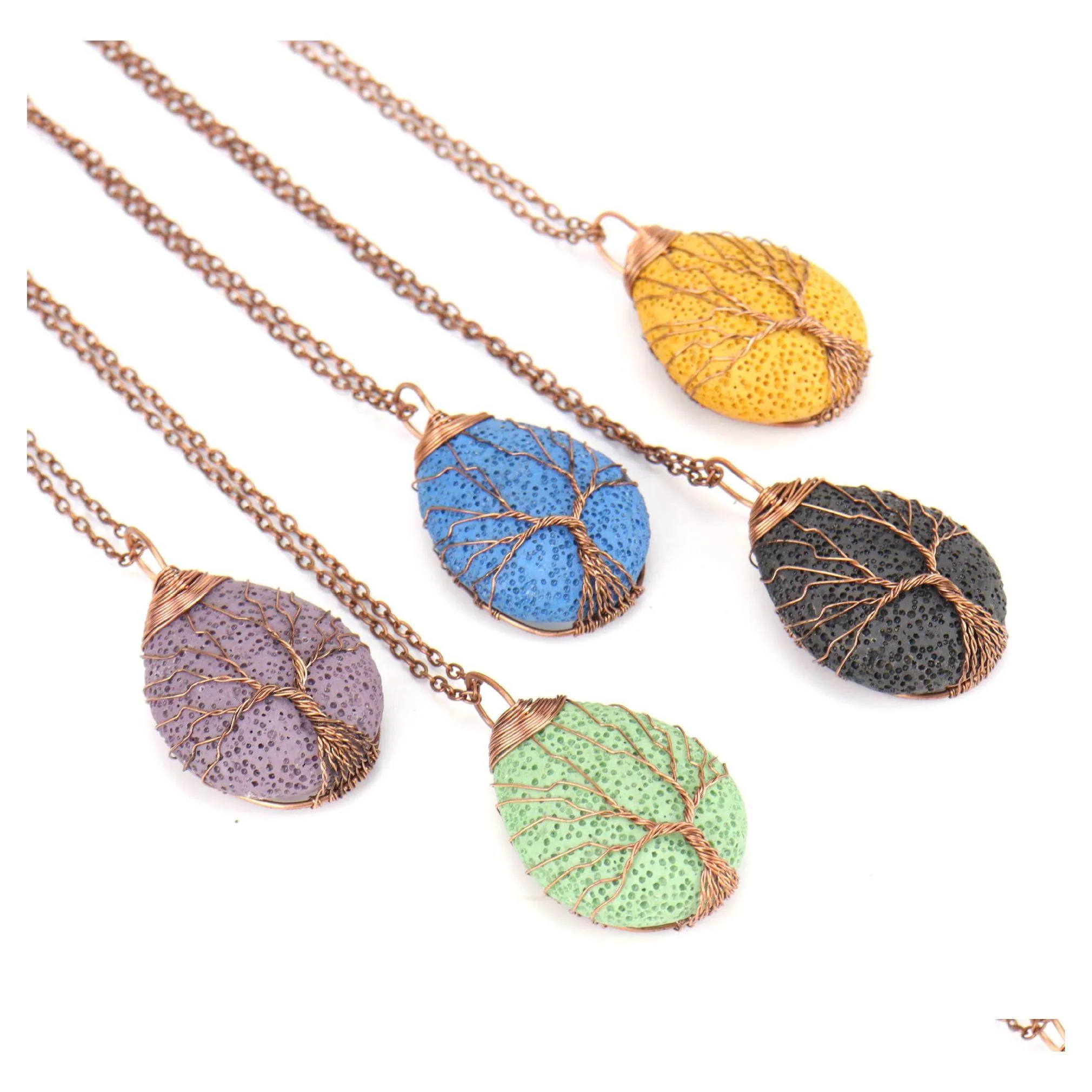 ペンダントネックレスThipine Colorf Lava Stone Tree of Life diy aromaterapyエッセンシャルオイルディフューザーネックレス