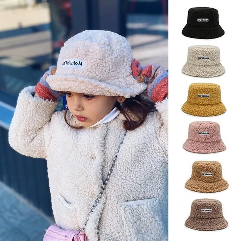 Berets Winter Baby Girl Boy Bucket Hat Cute Lamb Wool Letter Kids Fisherman Solid Flat Top Hats Children Outdoor Thick Warm Sun Cap