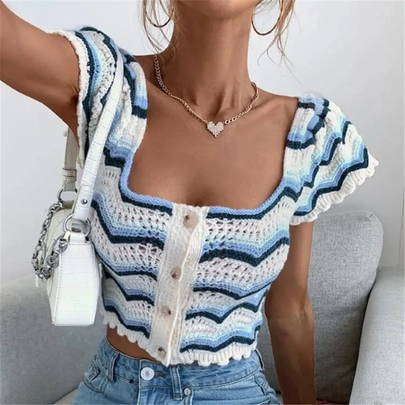 Women's T Shirts Women Tops White Blue Knit Crop Top Striped Button Up Shirt Summer 2023 Short Sleeve Crochet Ladies Cardigans Casual