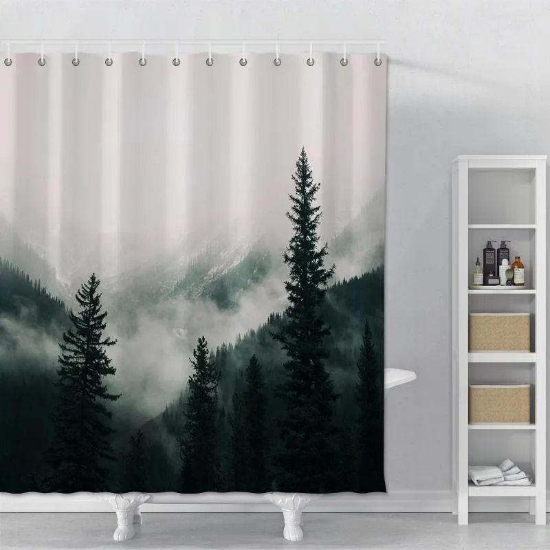 Shower Curtains Curtain Printed Forest Mountain Fog Waterproof Bathroom With Hooks Home Decor