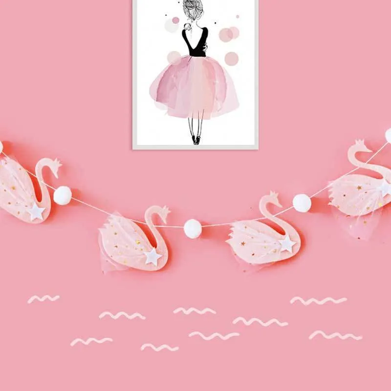 Banner Flags Fabric Swan Bunting Pink White Wedding Decorations for Home Garland Birthday Party Supplies Banner Baby Shower Girls Decor 230217