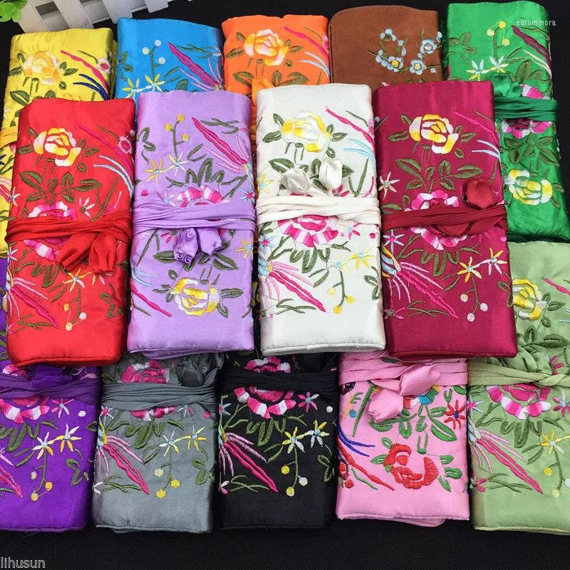 보석 파우치 도매 5pcs 중국 빈티지 자수 실크 롤 파우치 선물 가방 지갑 여행