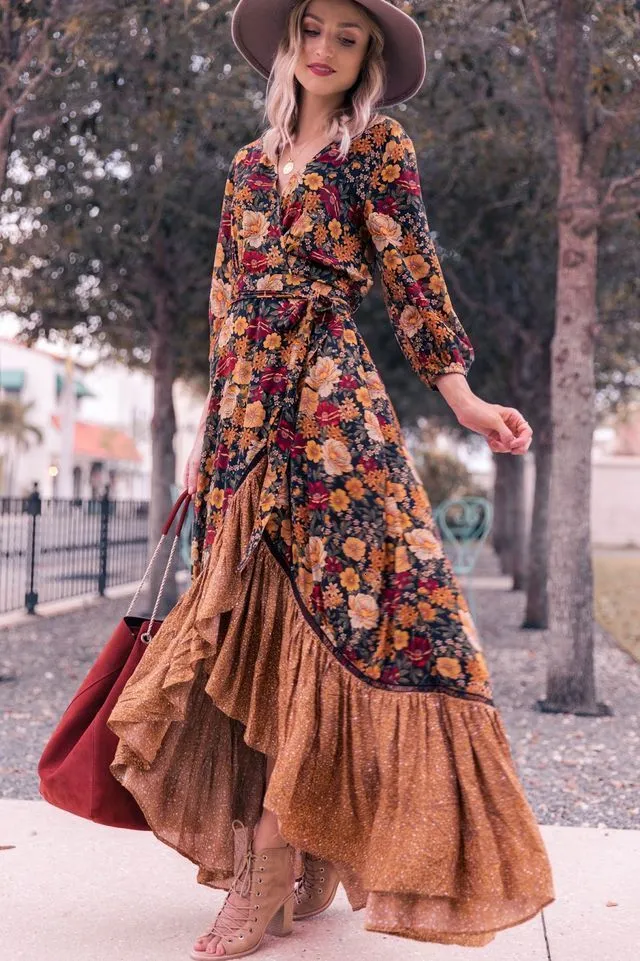 Chic Floral Boho Maxi Dress for Women - Autumn Floor Length with Long Sleeves Floral Print Maxi Dress Long Sleeve Autumn Casual Dress, Vintage Style, Irregular Hem, Chic Boho Womens Clothing From Kong04, $22.11 In Bulk | DHgate.Com