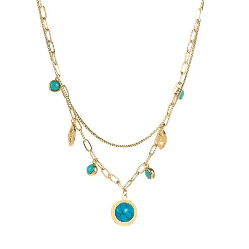 Chains Fashion Style Multi-Layer Titanium Steel Female Hip Hop Turquoise Pendant Trendy Clavicle Chain Accessories NecklaceChains