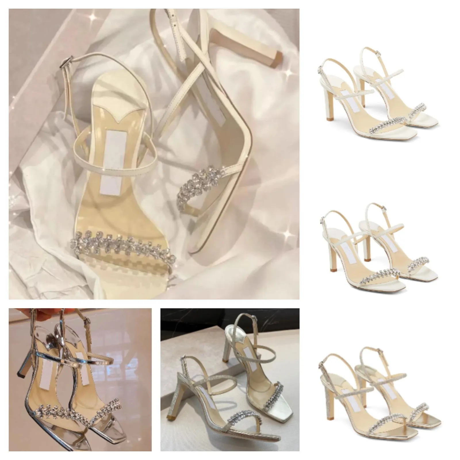 2023 Yaz Marka Meira Sandalet Ayakkabı Beyaz Kristal Süslenmiş Strappy Pompalar Kadınsı Stiletto Topuk Abiye Gelin Gelinlik Sandalias Ayakkabı EU35-43.BOX