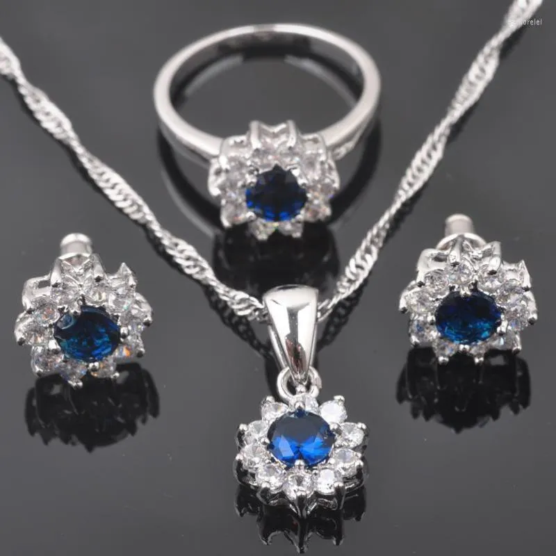 Ketting oorbellen set fancy blauw zirkon dames zilveren kleur oorbellen/hanger/ketting/ringen qz0329