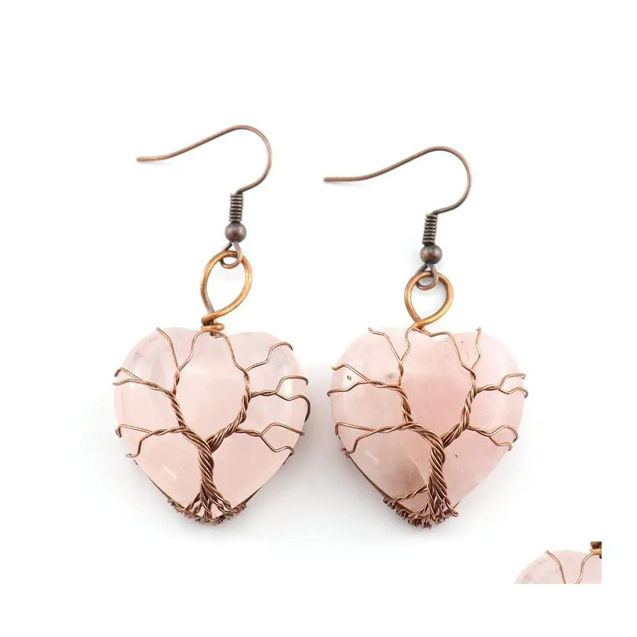 Cuelgue Araña Retro Envoltura de alambre Piedra natural 30 mm Corazón Árbol de la vida Pendientes Reiki Cristales curativos Cuarzo rosa para mujeres Jewe Dhwrv