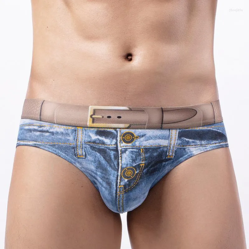 Calzoncillos Moda 3D Imprimir Ropa interior Hombres Algodón Increíble Imitación Jeans Estilo Calzoncillos de mezclilla Sexy U Bolsa Bragas elásticas Cueca