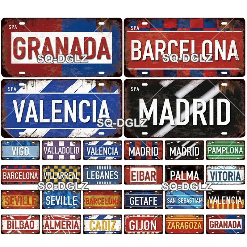 Spain City License Plate Metal Tin Signs Vintage Plaque Tin Sign Wall Decor Bar Decor Barcelona Madrid Seville Flag Poster Car license Painting Decor SIZE 30X15CM w01