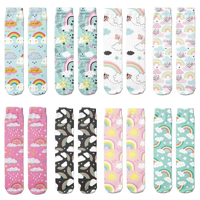 Femmes Chaussettes Kawaii Filles Arc-En-Ciel Nuages Rose Impression 3D Dessin Animé Mignon Et Hommes Confortable Longue Ligne Droite