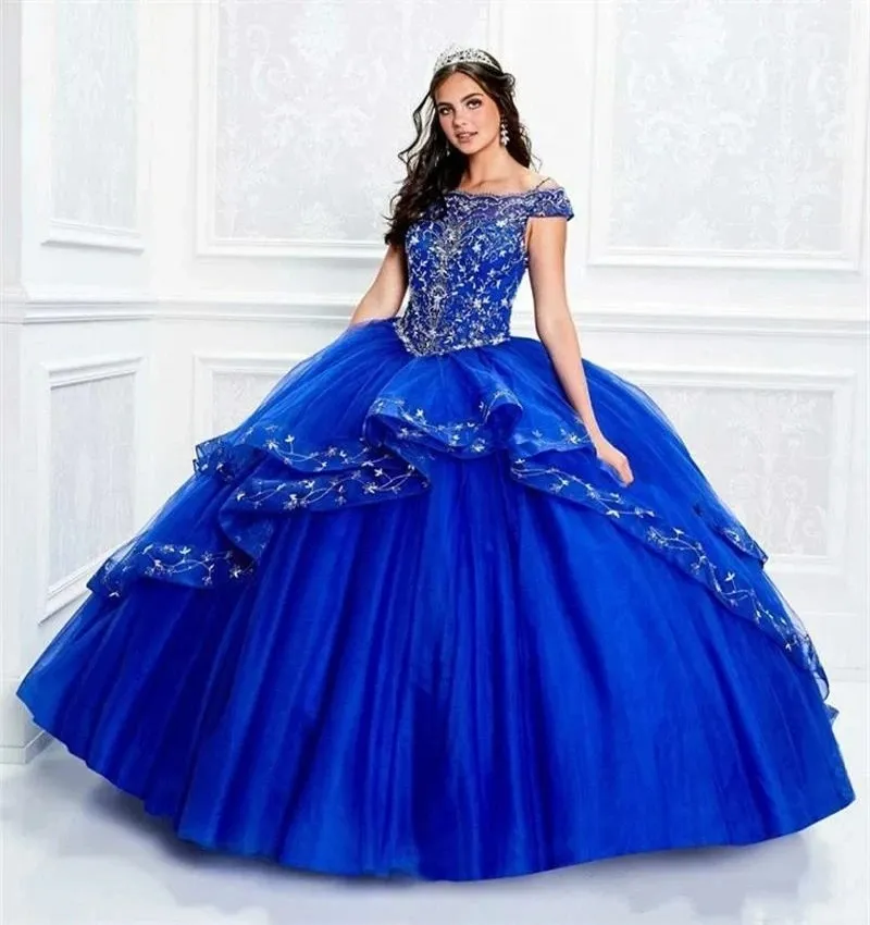 Royal Blue Cheap Quinceanera Dresses 2023 Ball Gown Off The Shoulder Tulle Applicies Pärled Puffy Sweet 16 Dresses GW0218