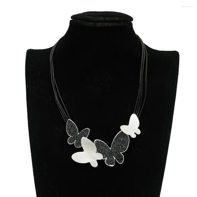 Choker Mode Brossé Surface Papillon Pendentif Collier Pour Femmes Fille Argent Plaqué Or Corde Bijoux