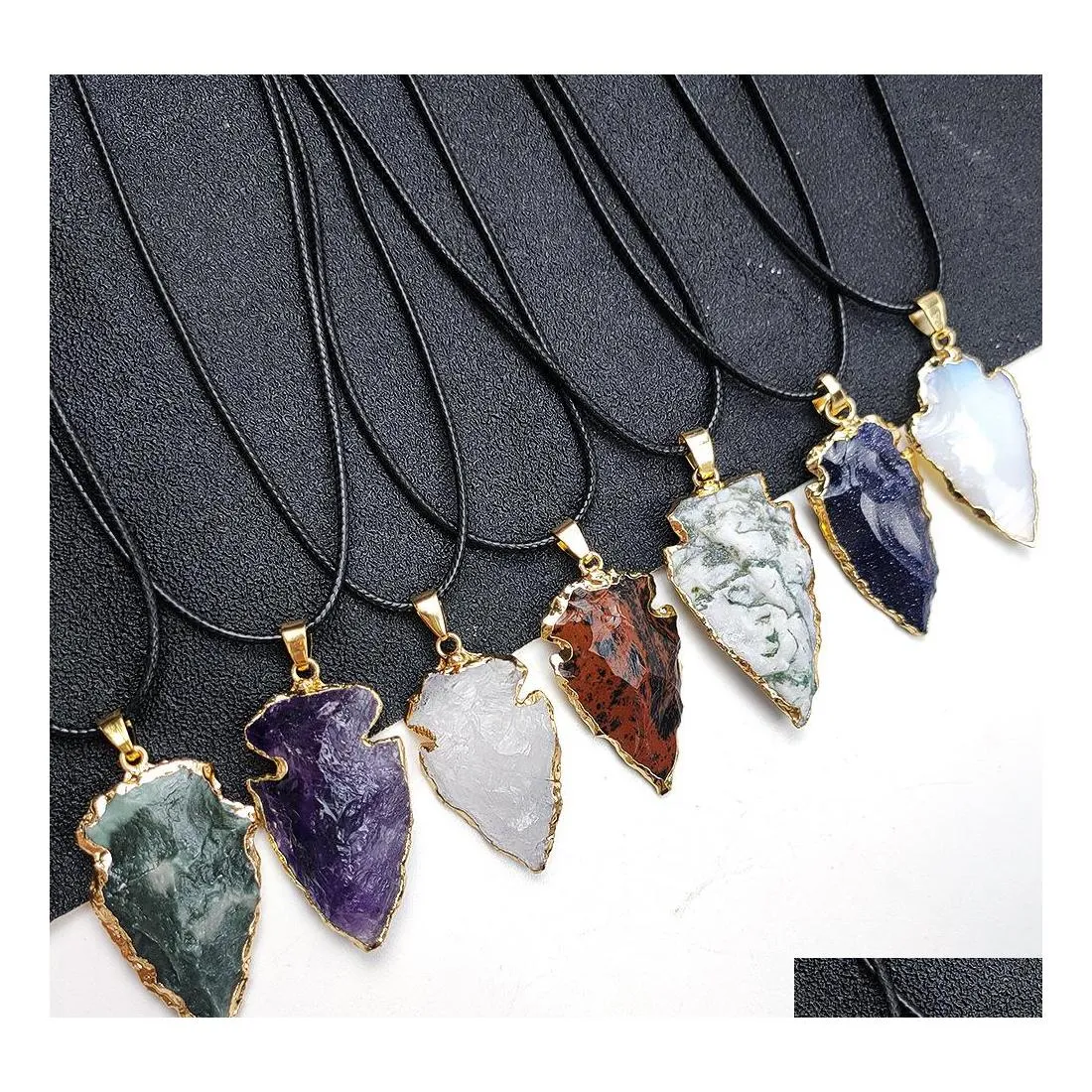 Pendant Necklaces Natural Agate Obsidian Healing Crystal Gilded Edge Arrow Original Quartz Stone Men Necklace Jewelry Drop Delivery P Dhc05