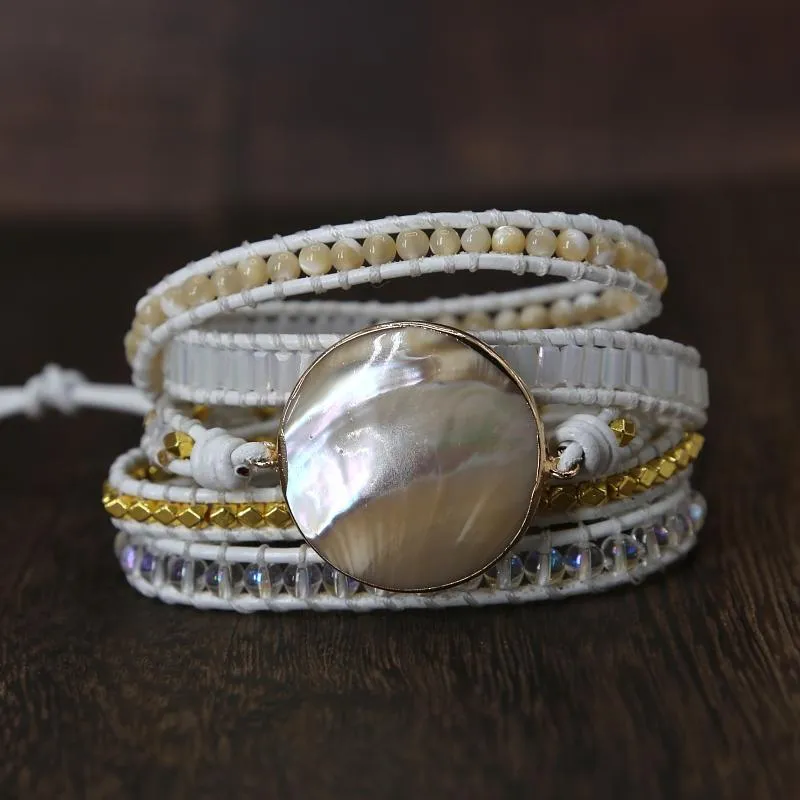 Bracelets de tênis Charme de concha natural exclusivo 5 fios embrulham contas artesanais pulseira de couro trança para jóias femininas