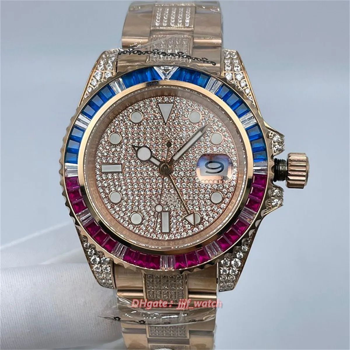 Montre mécanique automatique en diamant, lunette colorée, bracelet en acier inoxydable, 41mm, tir réel, saphir, mouvement 3135