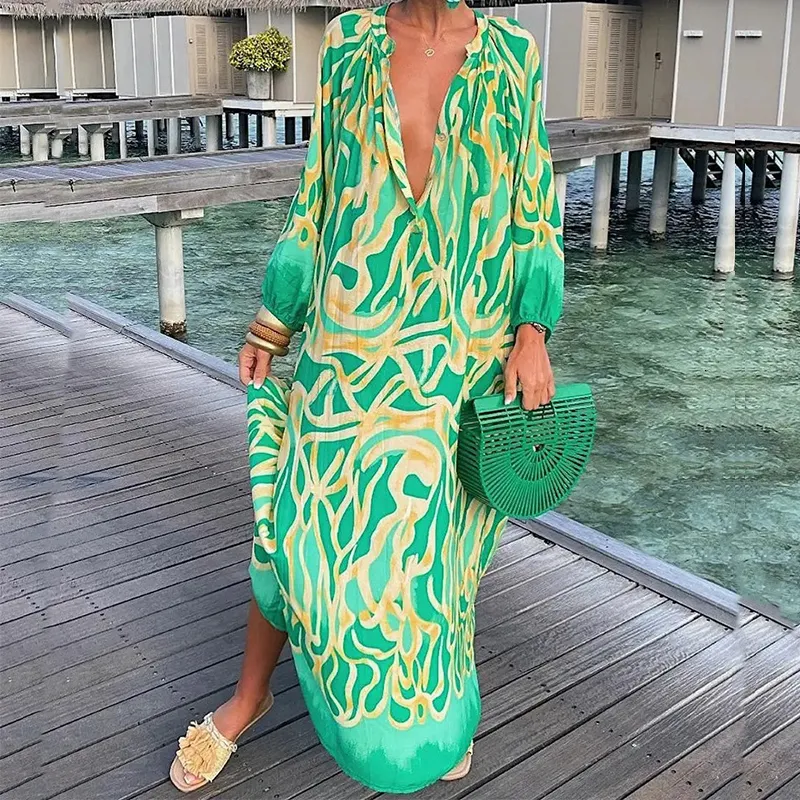 Casual Dresses Women Boho Print V Neck Maxi Dress ... From Kong04, $13.37  In Bulk | DHgate.Com
