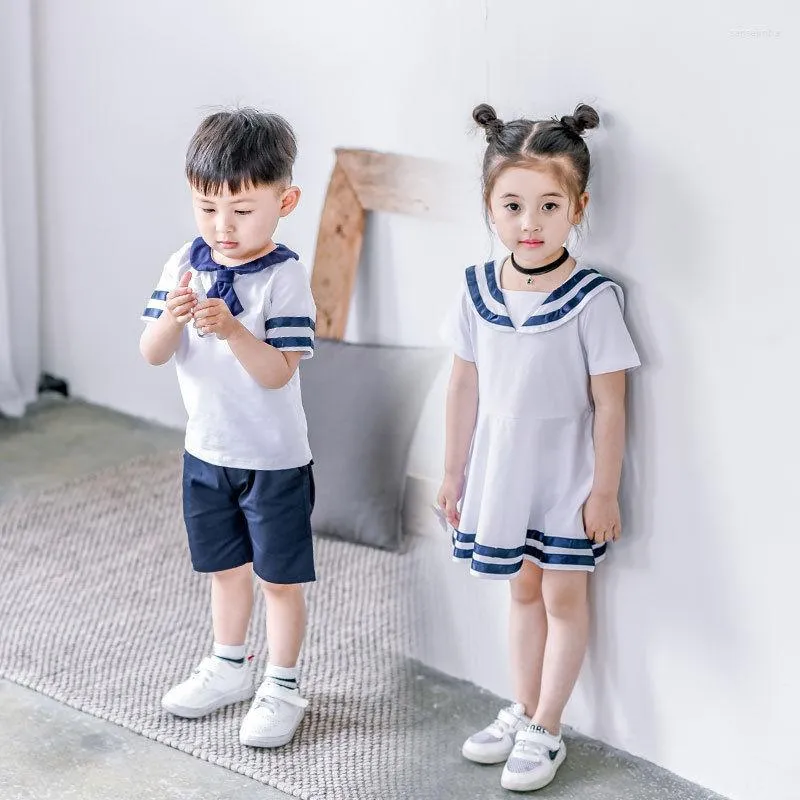 Kleidungssets Schwester Bruder Passende Kleidung Set Matrose Sommer College Kleinkind Mädchen Kleid Kurzarm Kinder Jungen Marine Kostüm