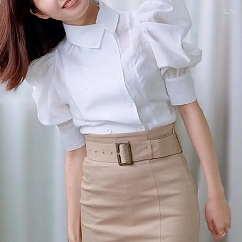 Women's Blouses & Shirts Spring Summer Fresh Elegant Women Blouse Double Breasted Puff Sleeve Turn-Down Collar Japanese All-match OL Blusas