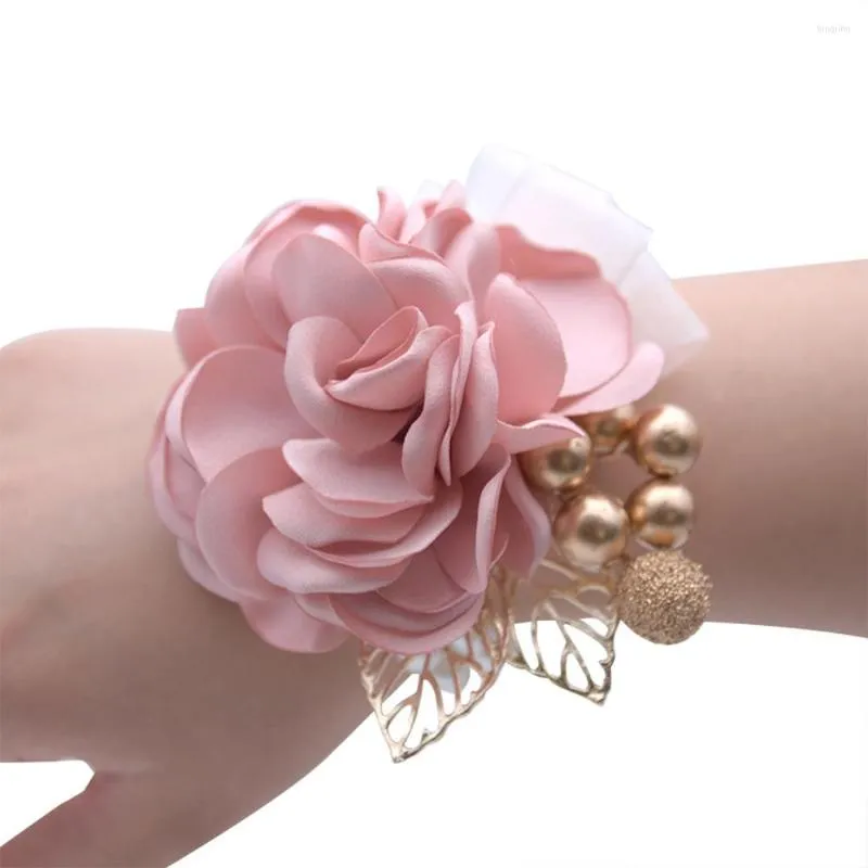 Fleurs décoratives Demoiselle D'honneur Poignet Bracelet De Noce Polyester Ruban Rose Perle Arc Bridel Cadeaux Danse Accessoires