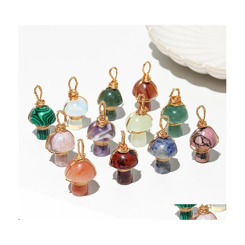 Charms Cristal Naturel Pierre 2Cm Champignon Statue Sculpture Reiki Guérison Fil D'or Pendentif Enroulé Pour Collier Fabrication De Bijoux Drop Deliv Dhmey