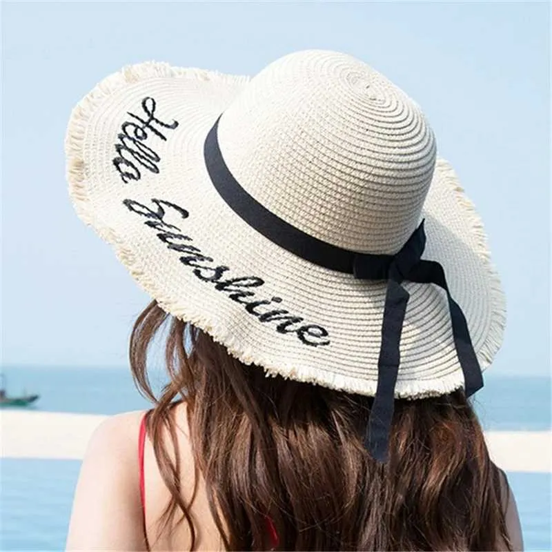 Wide Brim Hats Hello Sunshine Women Handmade Sun Hat Summer Beach Outdoor  Black Ribbon Lace Big Straw Gift For FriendWide