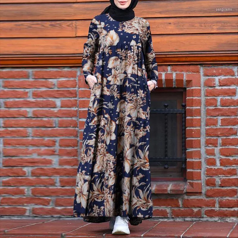 Etniska kläder som säljer Dubai Abaya Turkiet Hijab Dress Women Vintage Floral Printed Maxi Sundress Summer Long Sleeve Kaftan Muslim Vestido