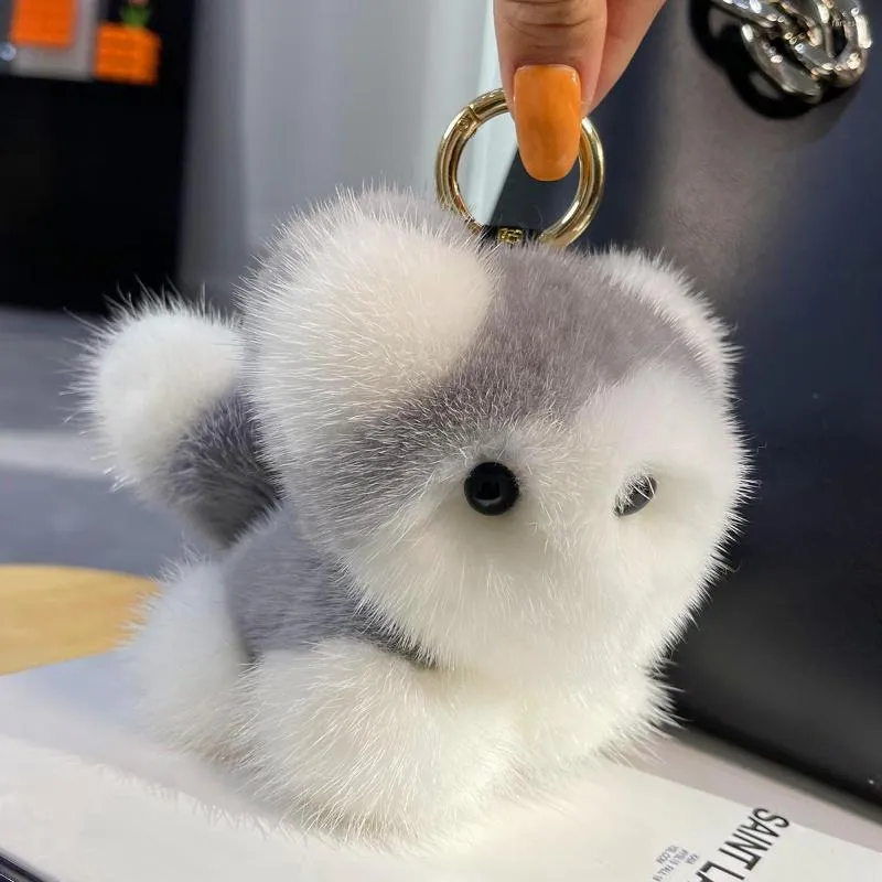 Porte-clés de luxe réel porte-clés mignon chiot pendentif femmes simulation petit chien en peluche poupée jouet porte-clés sac ornement bibelot cadeaux