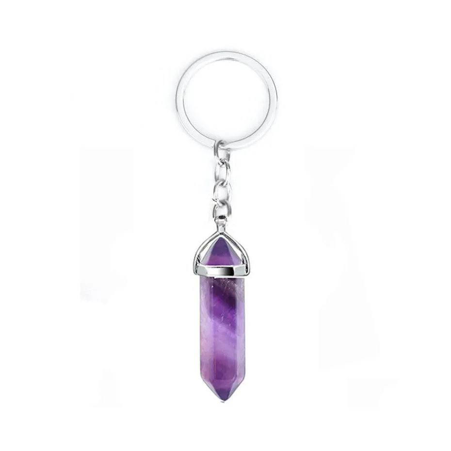 Nyckelringar Natural Stone Hexagonal Prism Keychains Healing Rose Crystal Car Decor Keyholder For Women Carshop2006 Drop Delivery Jewelr Dhjiv